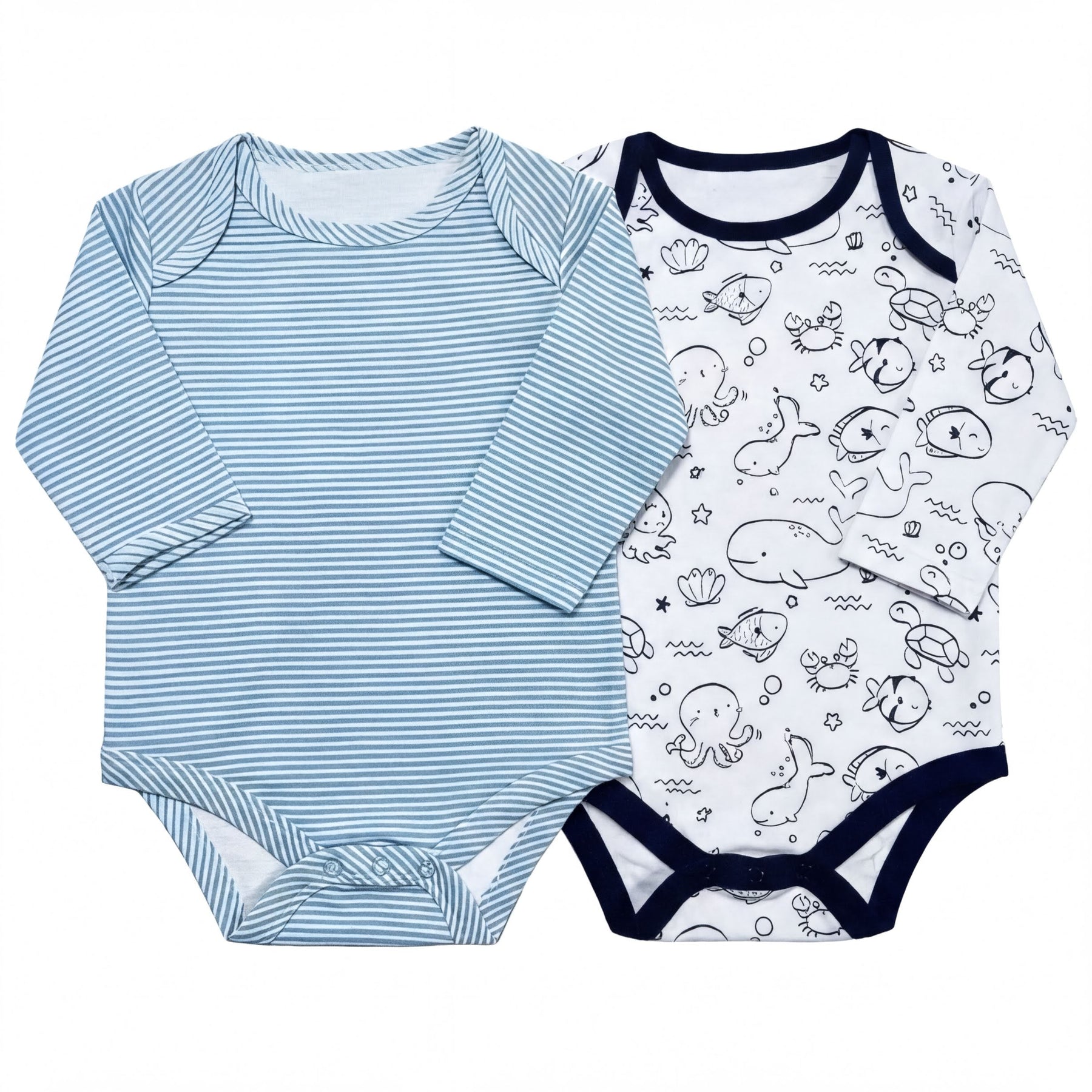 two baby onesies, one striped and one with a black and white ocean-themed print.