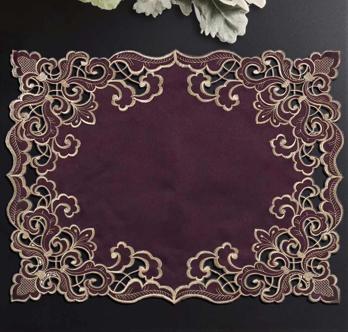 Set of four Amethyst Haze Plum Gold table placemats from RIZ-006-PM Granada Collection, artistic 12x18 inch dining décor.