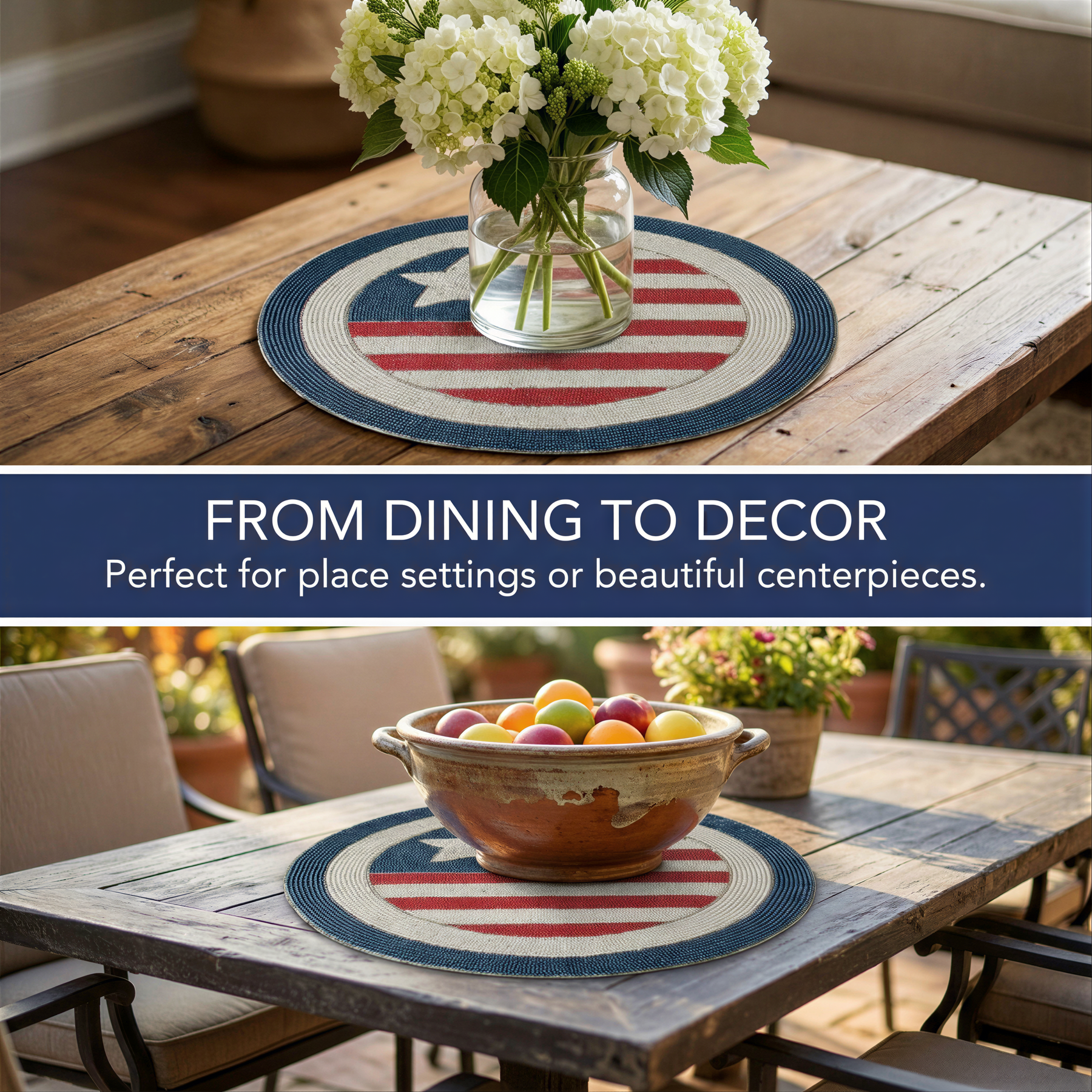 The image showcases a dining table with a patriotic-themed table runner featuring the American flag design. The table is set with a bowl of fruit, including apples and oranges, and a vase of white hydrangeas. The table is surrounded by chairs, creating a welcoming and patriotic atmosphere for dining or socializing.