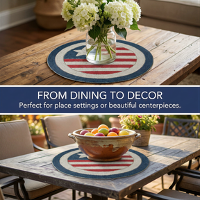 The image showcases a dining table with a patriotic-themed table runner featuring the American flag design. The table is set with a bowl of fruit, including apples and oranges, and a vase of white hydrangeas. The table is surrounded by chairs, creating a welcoming and patriotic atmosphere for dining or socializing.