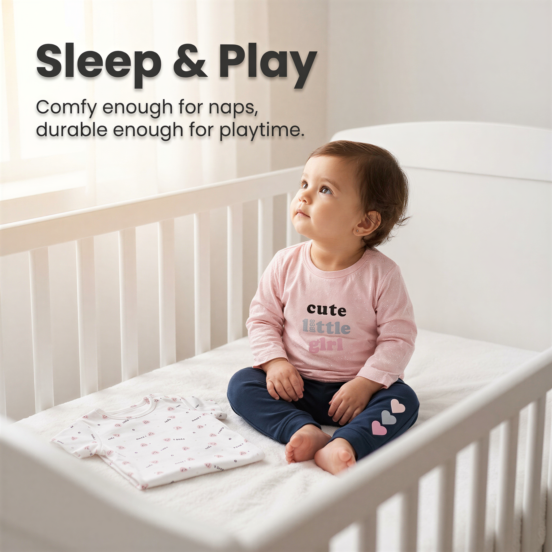 A baby girl sits in a crib, wearing a pink shirt with the words "cute little girl" and blue pants with three hearts.