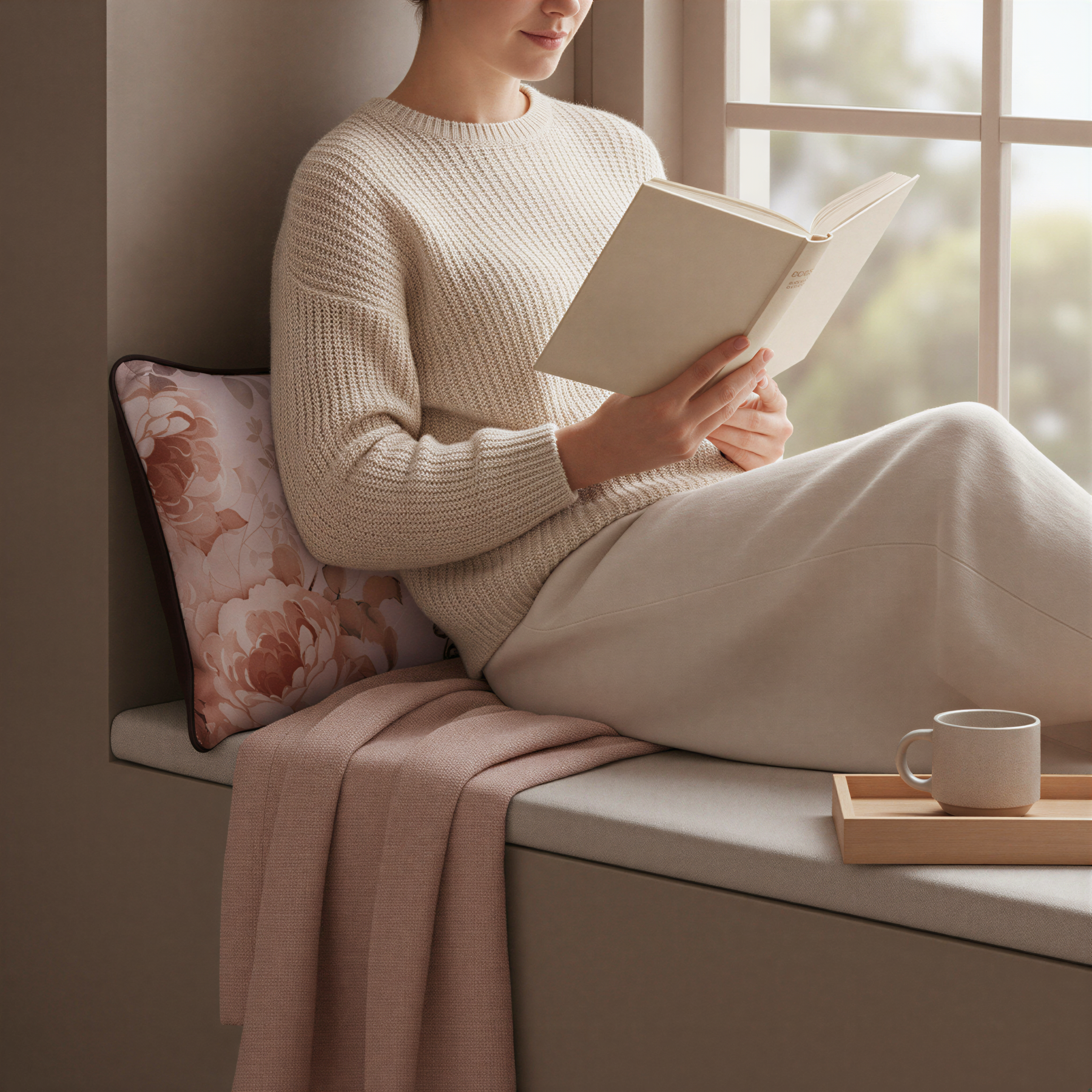 A woman is sitting on a window sill, reading a book and enjoying a cup of coffee.