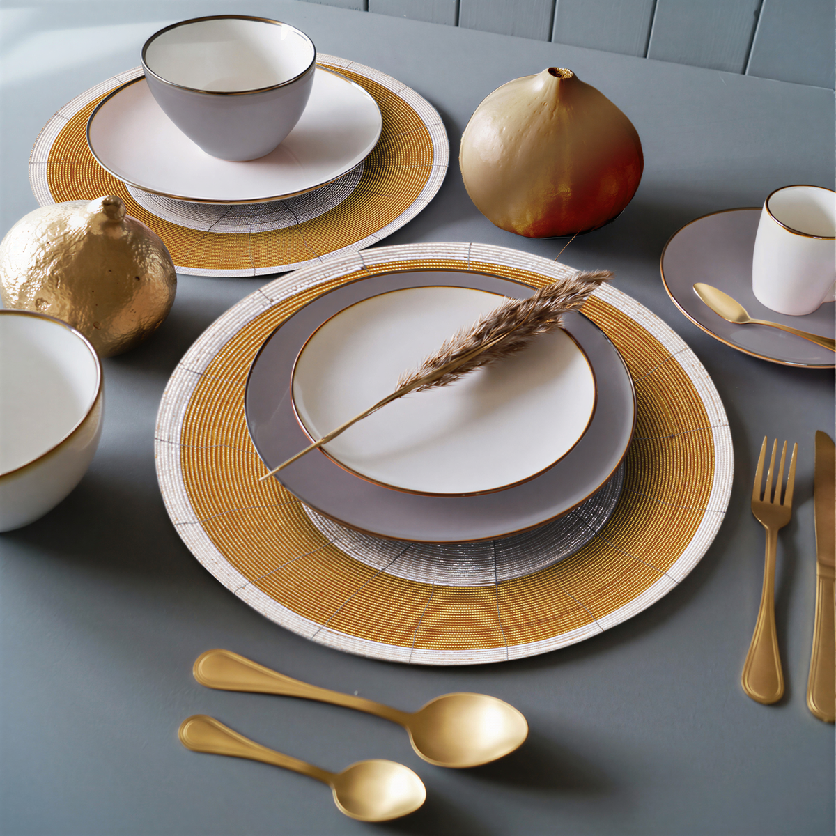 Set of four Amberly Grace beaded placemats from The Amberly Collection, decorative 14-inch dining table accessories by BD-034.