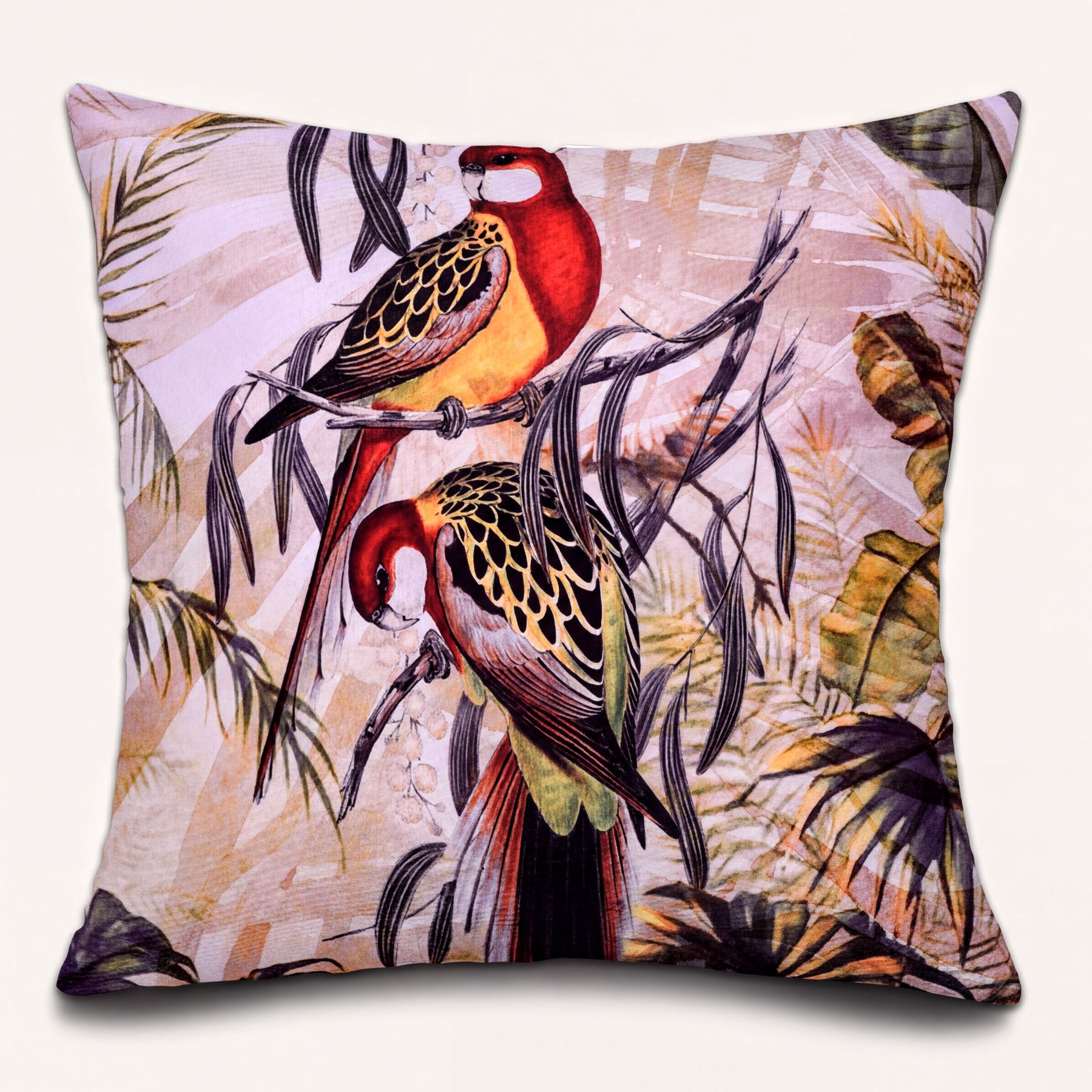 Set of four LD20180010170-4 birds printed design throw pillow covers showing colorful bird patterns on fabric.
