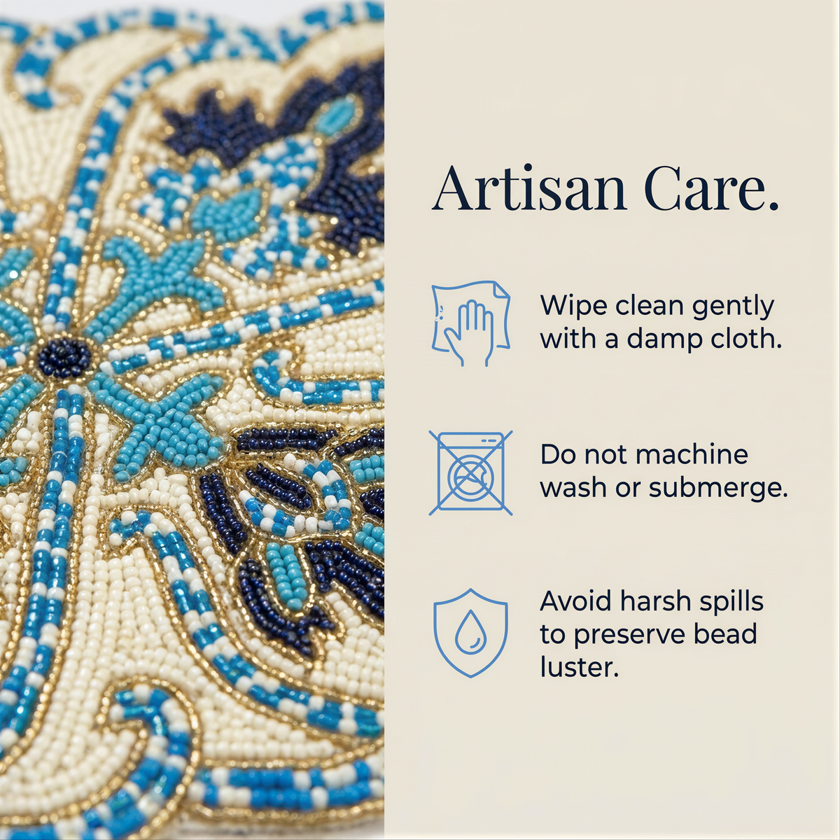 The image is a close-up of a decorative beaded piece, likely a beaded table runner or placemat. The image is accompanied by text providing instructions for caring for the beaded item, including wiping gently with a damp cloth, not washing or submerging the item, and avoiding harsh spills to preserve the bead luster.