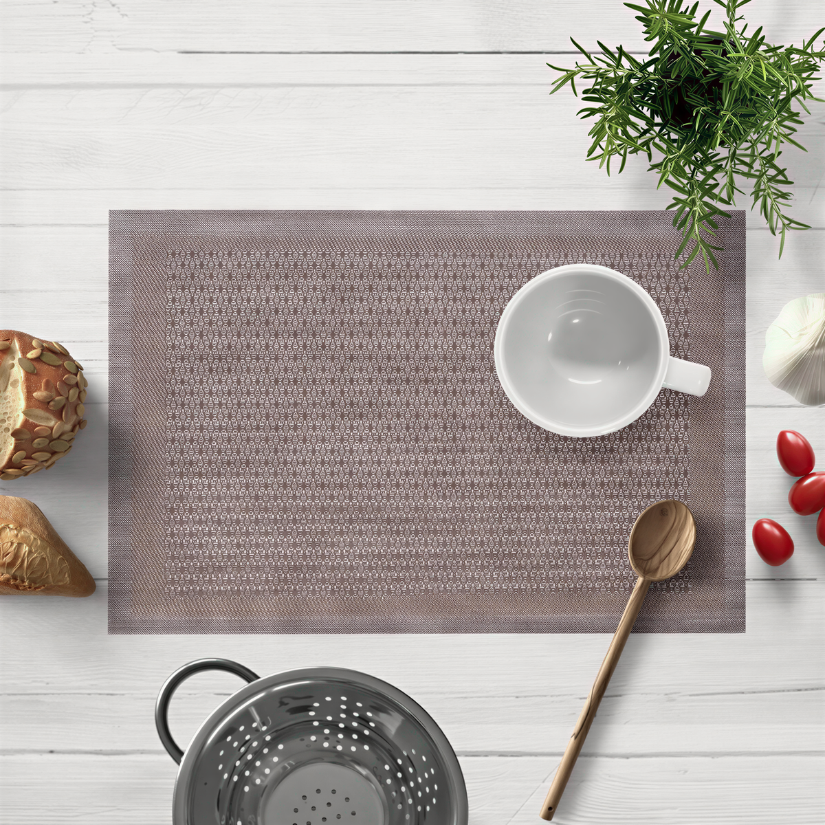 Brown and gold PVC placemats, heat-resistant and washable, designed for indoor and outdoor table protection and decor.