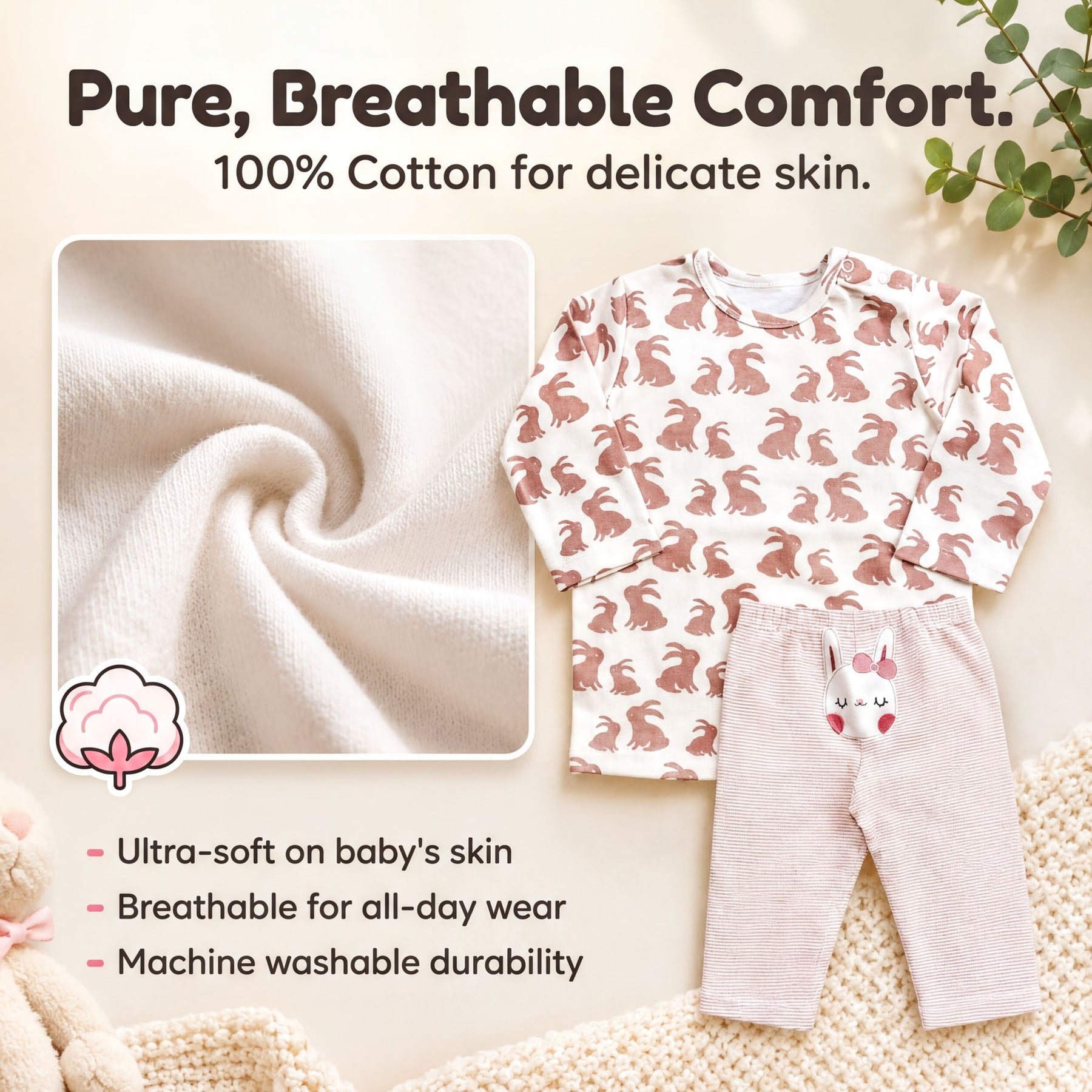 The image is a collage of two photos. The top photo shows a close-up of a pure cotton fabric, highlighting its softness and breathability. The bottom photo displays a pair of baby pajamas with a rabbit pattern, emphasizing their comfort and machine washability.