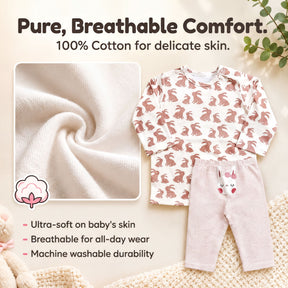 The image is a collage of two photos. The top photo shows a close-up of a pure cotton fabric, highlighting its softness and breathability. The bottom photo displays a pair of baby pajamas with a rabbit pattern, emphasizing their comfort and machine washability.