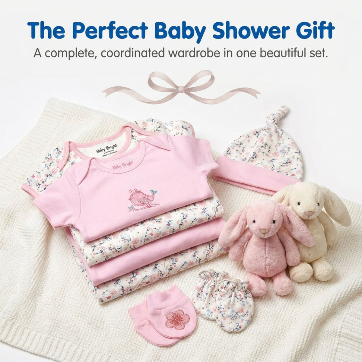 A collection of baby clothing and accessories, including a pink onesie, a pink hat, and two stuffed bunnies, arranged on a white background.