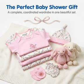 A collection of baby clothing and accessories, including a pink onesie, a pink hat, and two stuffed bunnies, arranged on a white background.
