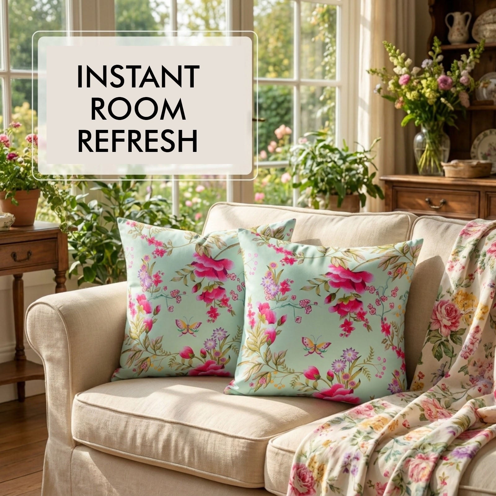 Floral printed throw pillow cover from CC-9701-A-4, 20 x 20 inches, featuring colorful flower patterns on fabric.