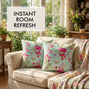 Floral printed throw pillow cover from CC-9701-A-4, 20 x 20 inches, featuring colorful flower patterns on fabric.