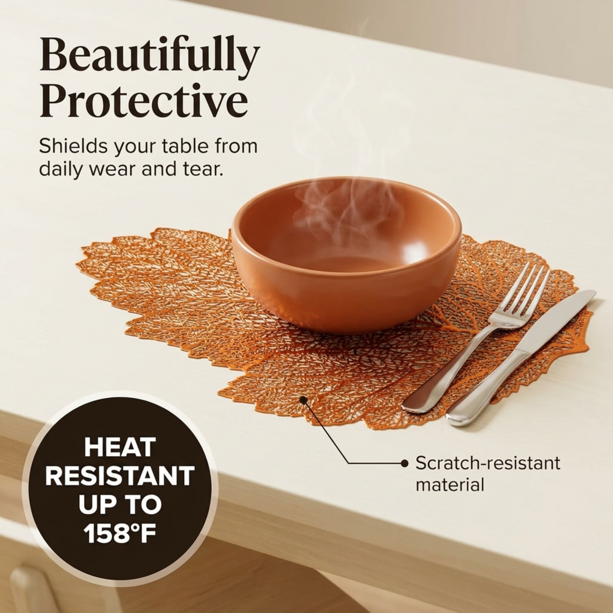 Set of six leaf-shaped cut out vinyl placemats in rose gold finish by AMF023-ROSE GOLD, perfect for stylish dining table decor.