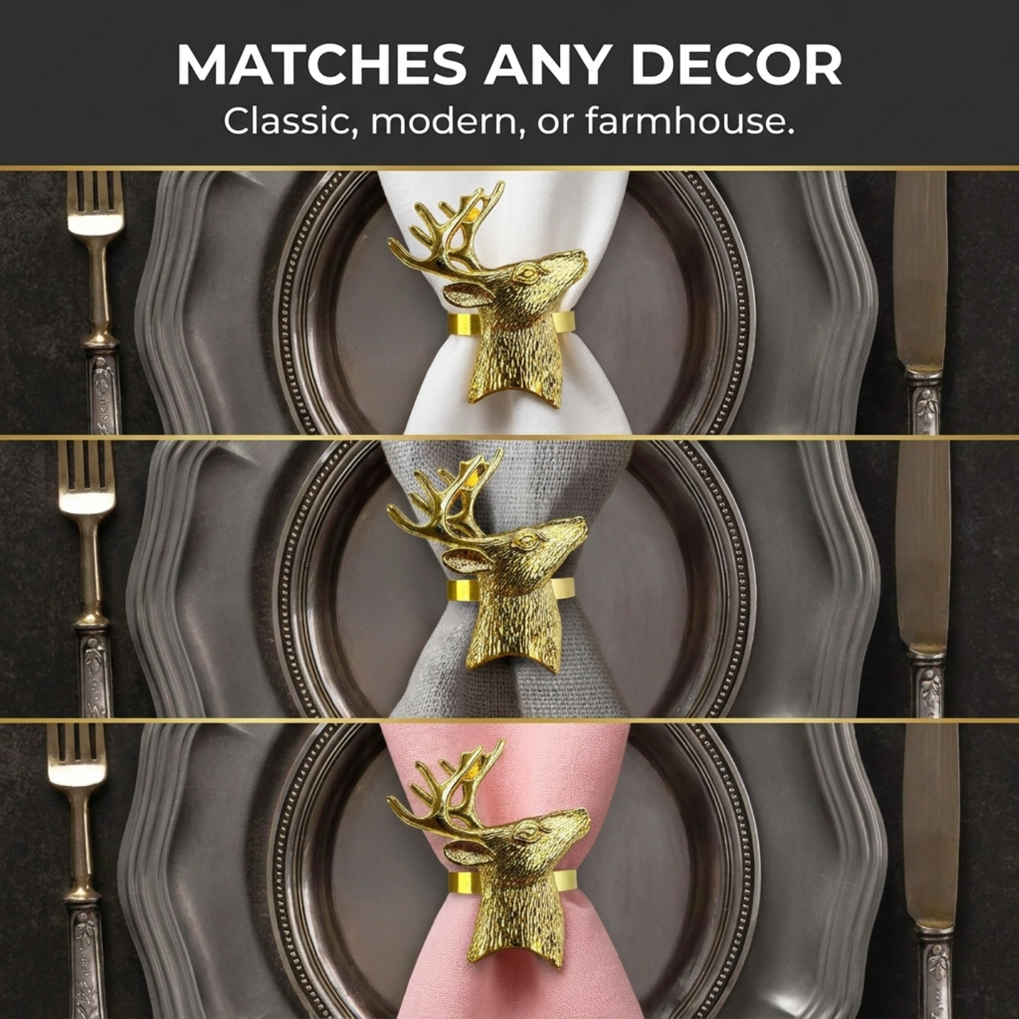 Festive Charm – Napkin Rings in Gold Reindeer Design, Artistic Decorative Dining Table Décor
