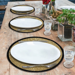 Decozen Round Beaded Placemats - Black and Gold, Set of 4 - 14 Inches - Durable, Scratch & Heat Resistant Tablemats for Dining Table, Kitchen Decor Charger