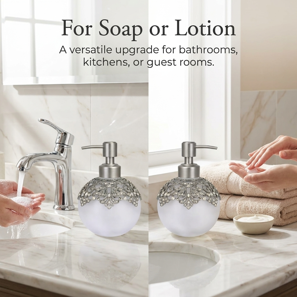 LB24631 Isolde Essence modern ceramic lotion dispenser for bathroom, 12 oz, with a sleek decorative design and pump top.