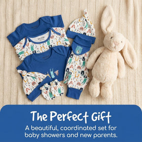 A set of baby clothes and a stuffed rabbit, accompanied by the text "The Perfect Gift: A beautiful, coordinated set for baby showers and new parents."
