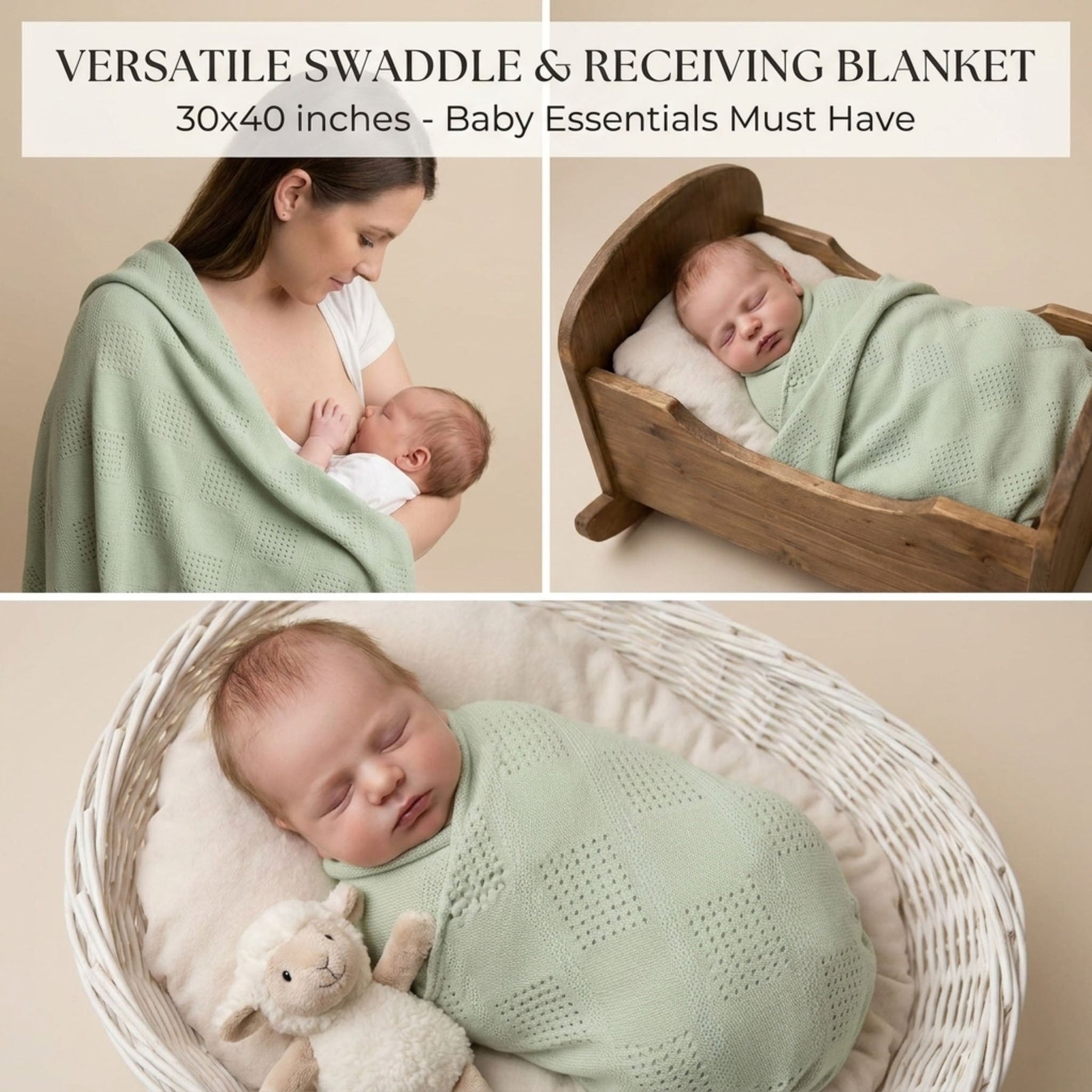 The image is a collage of three photos depicting a newborn baby swaddled in a green blanket, sleeping in a wooden crib, and sleeping in a white basket with a stuffed animal.