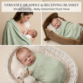 The image is a collage of three photos depicting a newborn baby swaddled in a green blanket, sleeping in a wooden crib, and sleeping in a white basket with a stuffed animal.