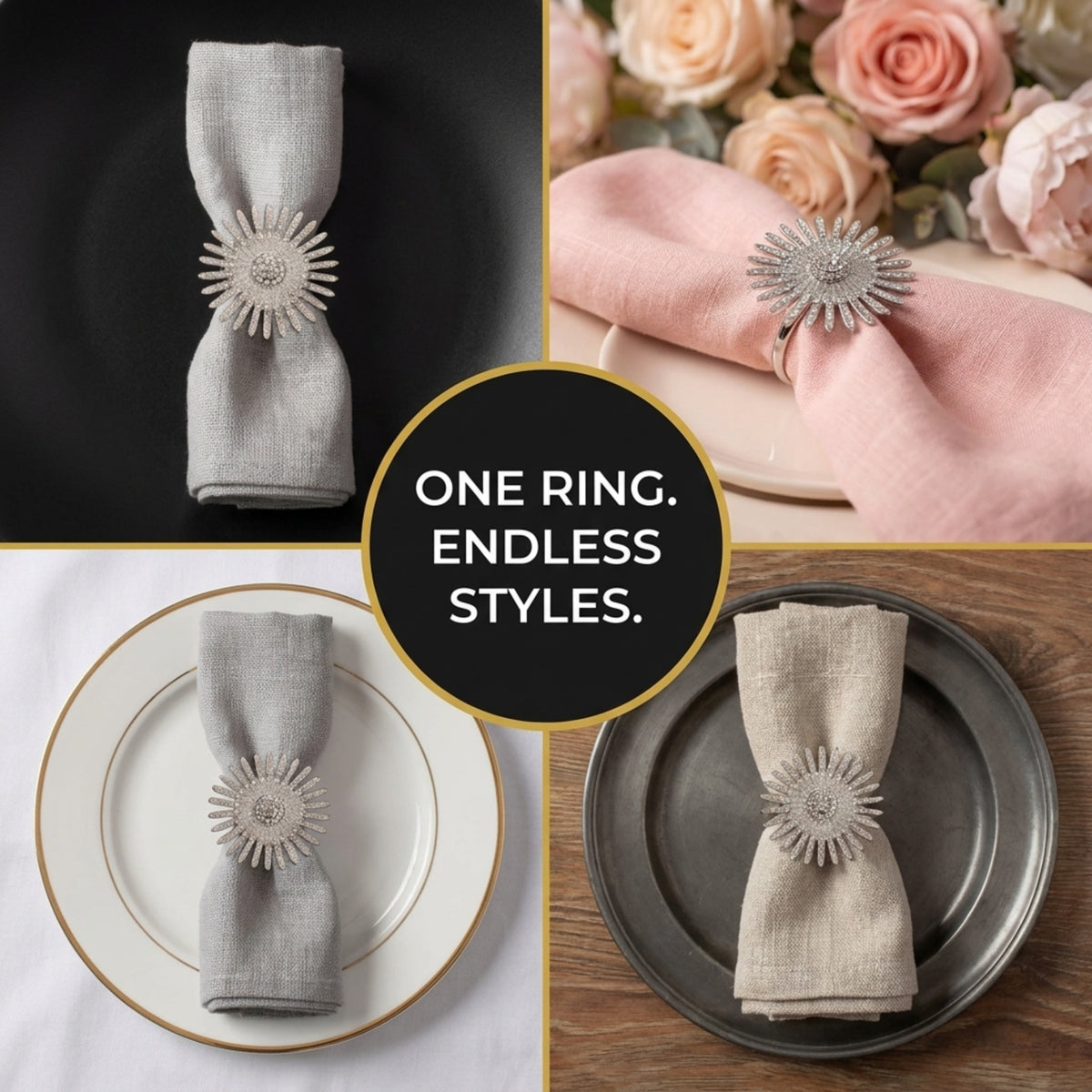 The image is a collage of four photos showcasing different styles of napkin rings.