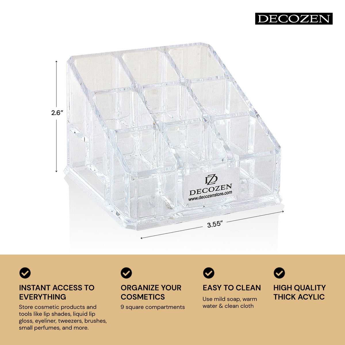 F1110 clear makeup organizer with 9 slots, perfect for storing cosmetics and beauty essentials in a tidy, accessible way.