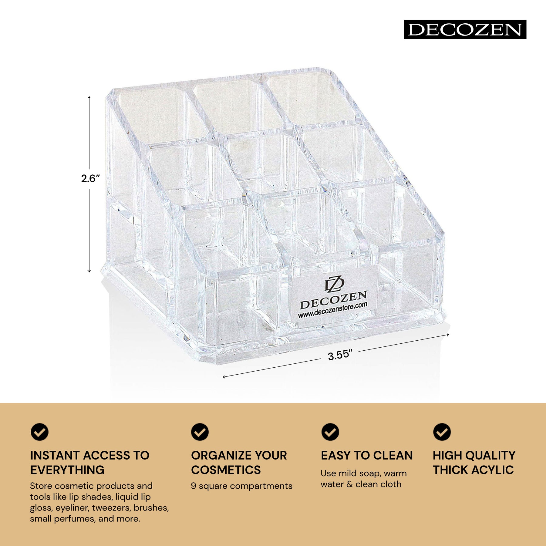 F1110 clear makeup organizer with 9 slots, perfect for storing cosmetics and beauty essentials in a tidy, accessible way.