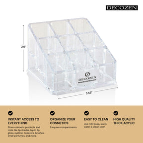F1110 clear makeup organizer with 9 slots, perfect for storing cosmetics and beauty essentials in a tidy, accessible way.