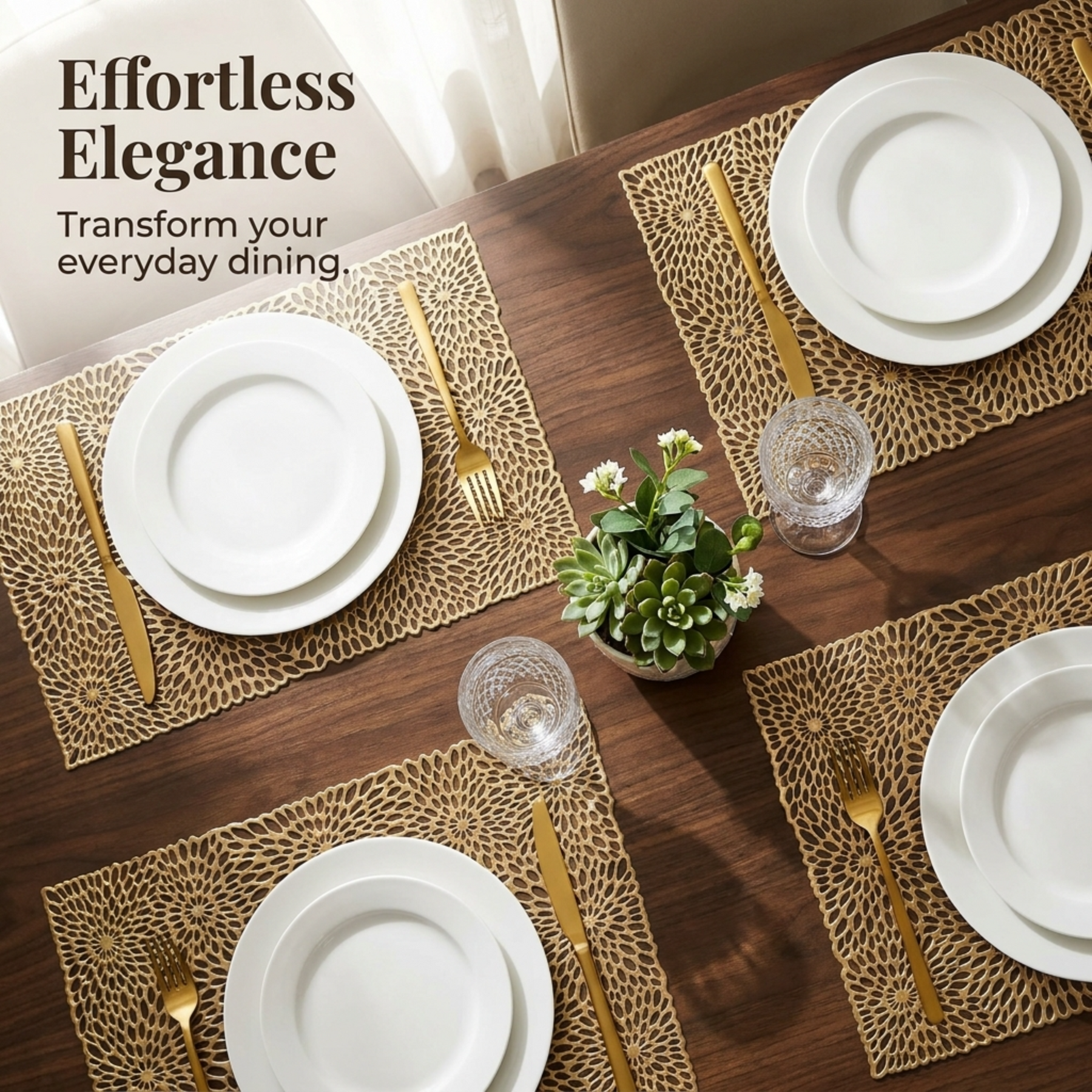 Set of six PVC cut-out placemats with decorative patterns, ideal for protecting tables and enhancing dining spaces.