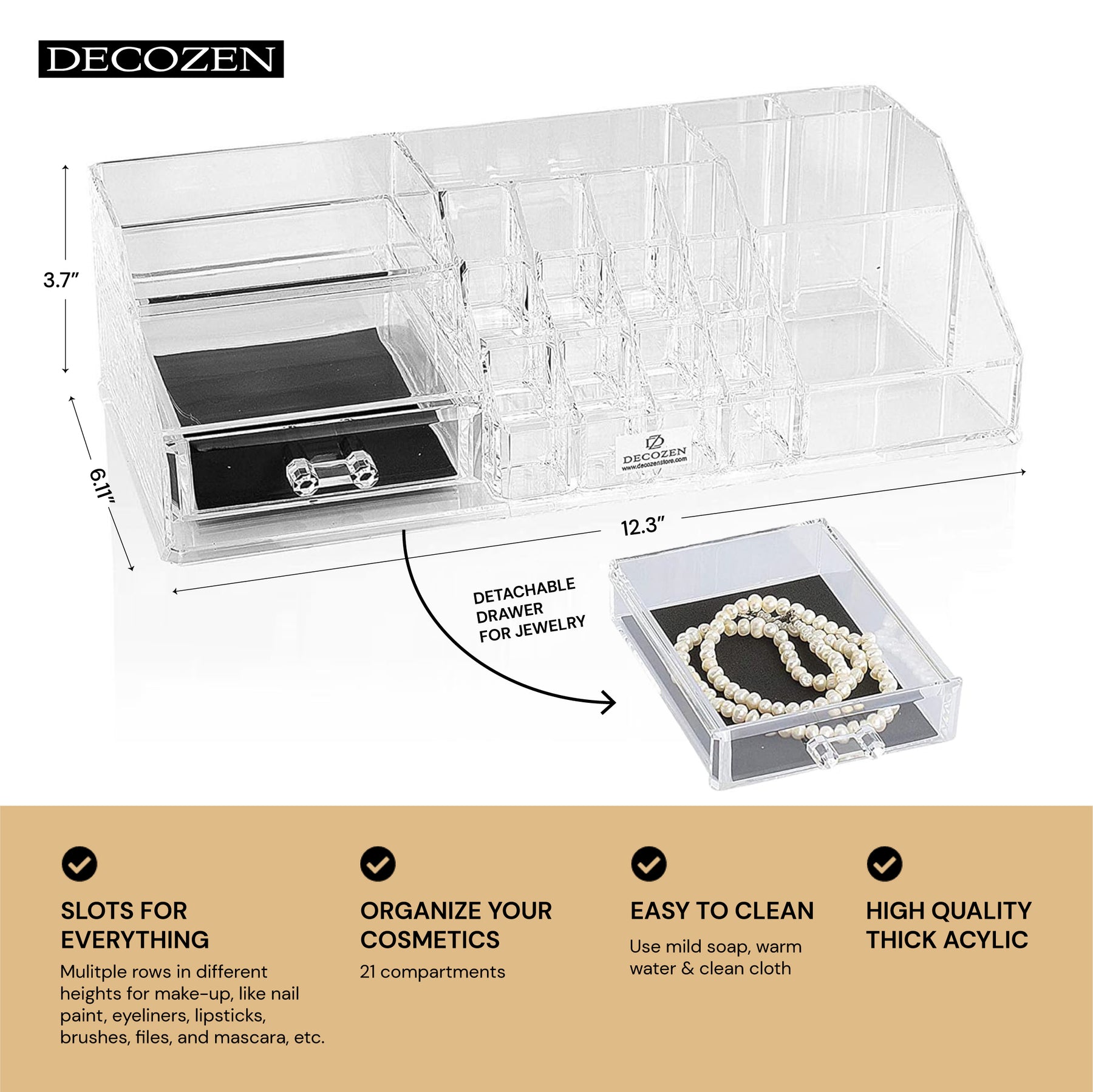 Clear F1215 makeup organizer with 19 slots and 1 drawer, designed for storing cosmetics and beauty essentials.
