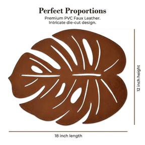 Set of six Monstera leaf cut out leather placemats by ACM1206-BRN, featuring tropical leaf design for stylish table settings.