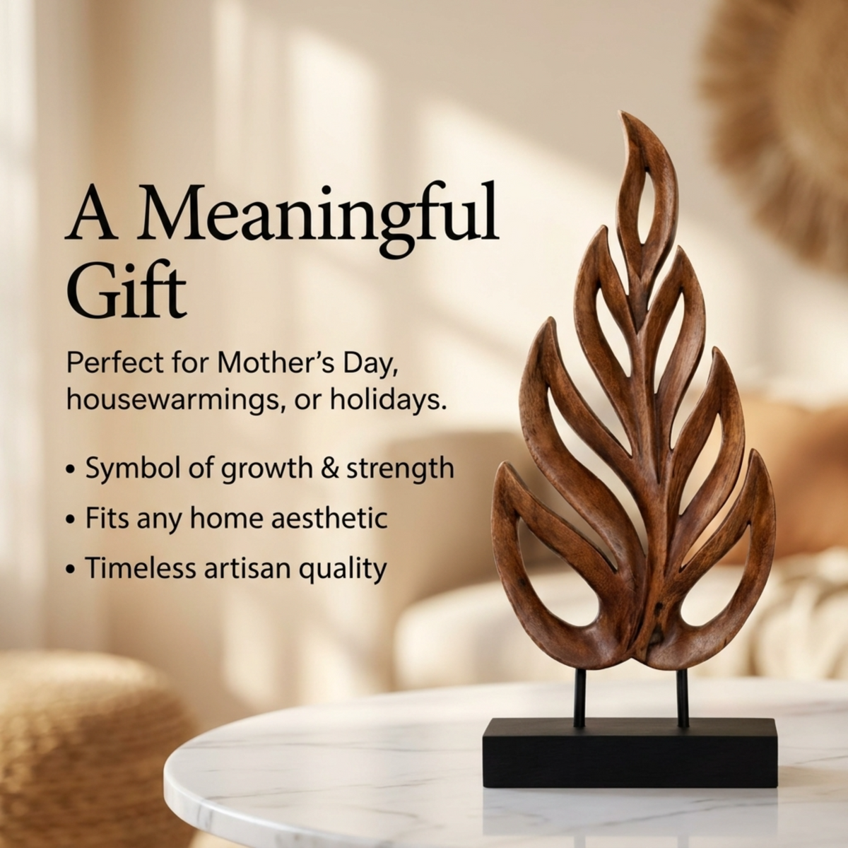 Hand-carved wooden leaf sculpture by PAT026, artistic wooden décor piece with intricate leaf design for home decoration.