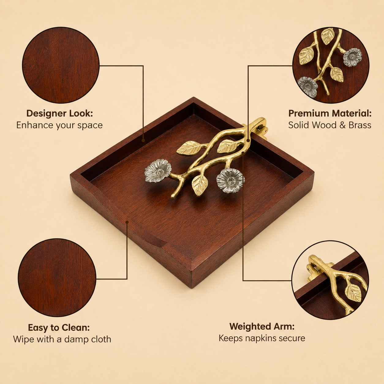 Solid Wood Napkin Holder with Silver and Gold Finish Ornament