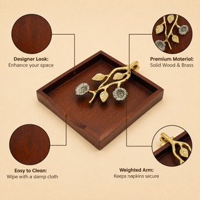 Solid Wood Napkin Holder with Silver and Gold Finish Ornament