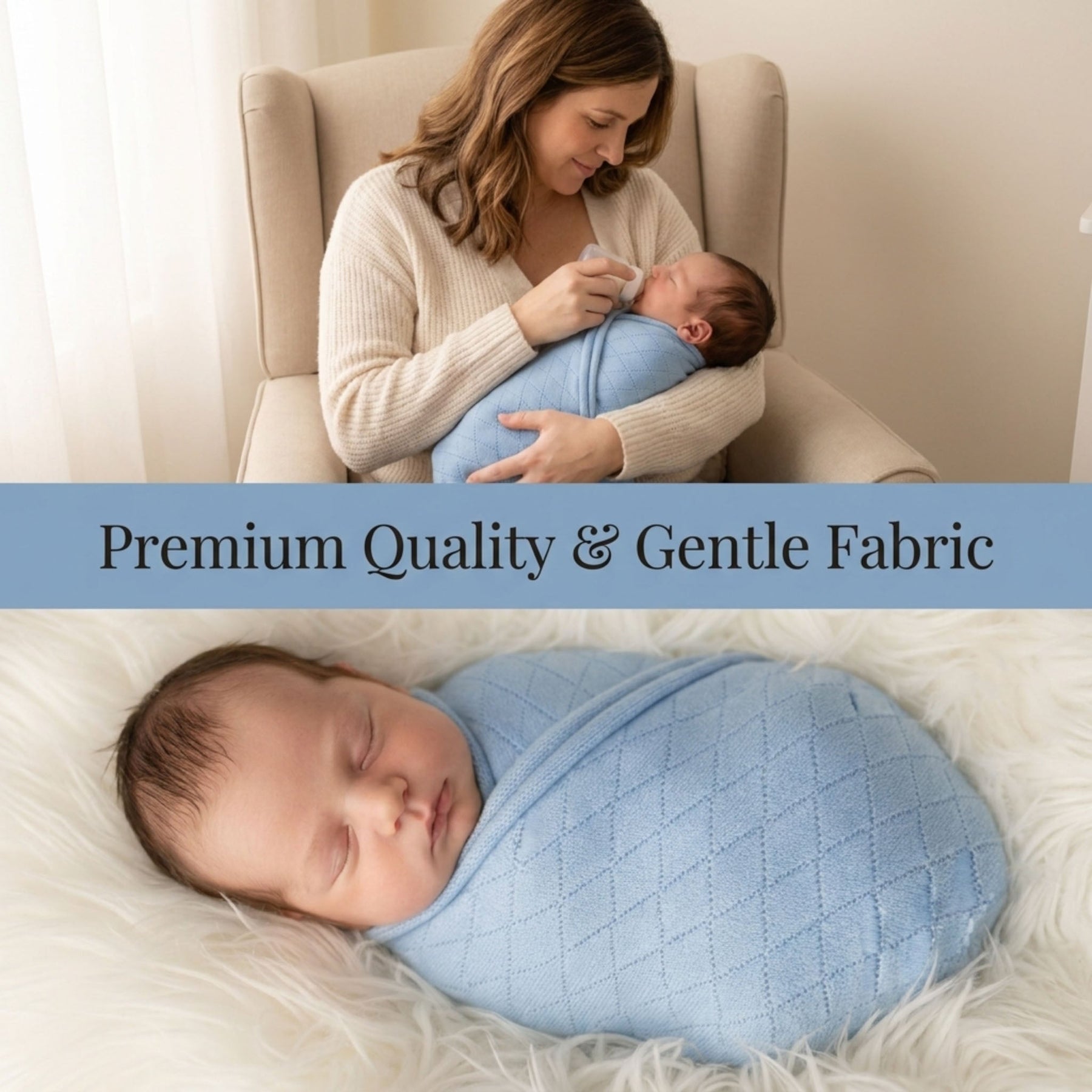 A woman is holding a sleeping newborn baby wrapped in a blue blanket, with a caption that reads "Premium Quality & Gentle Fabric".
