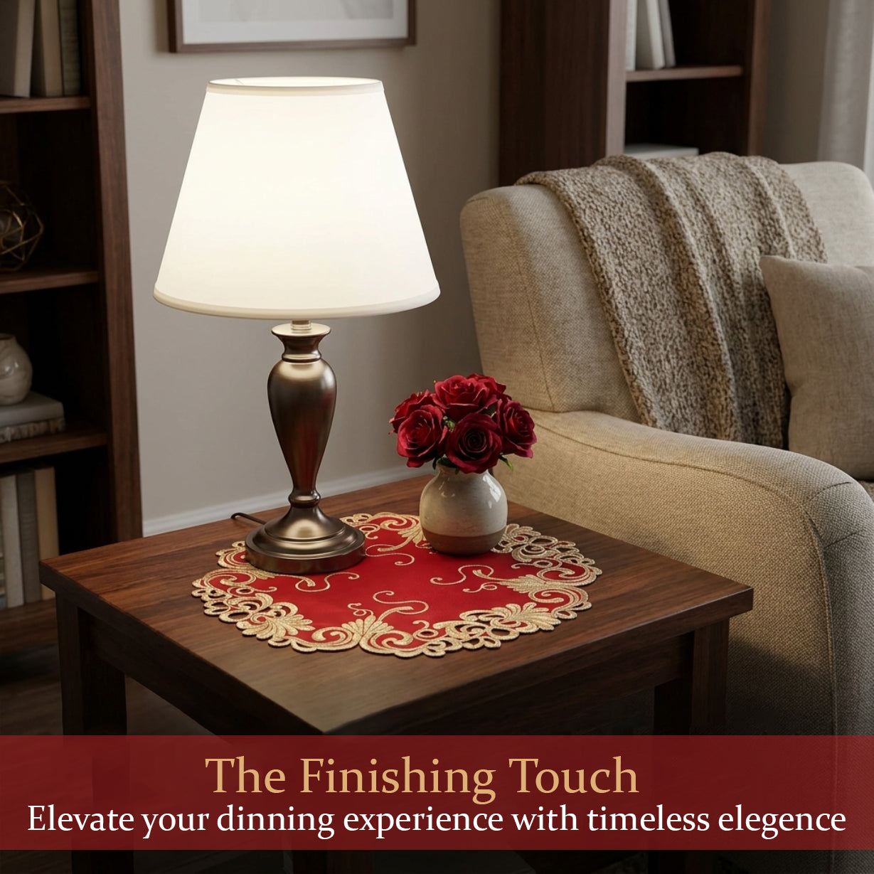 Burgundy gold table doilies from RIZ-009-DL Chantelle Collection, 15-inch decorative doilies for elegant table décor