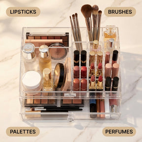 Clear Makeup Organizer - Acrylic Cosmetic Storage Box with 19 Slots & Drawer