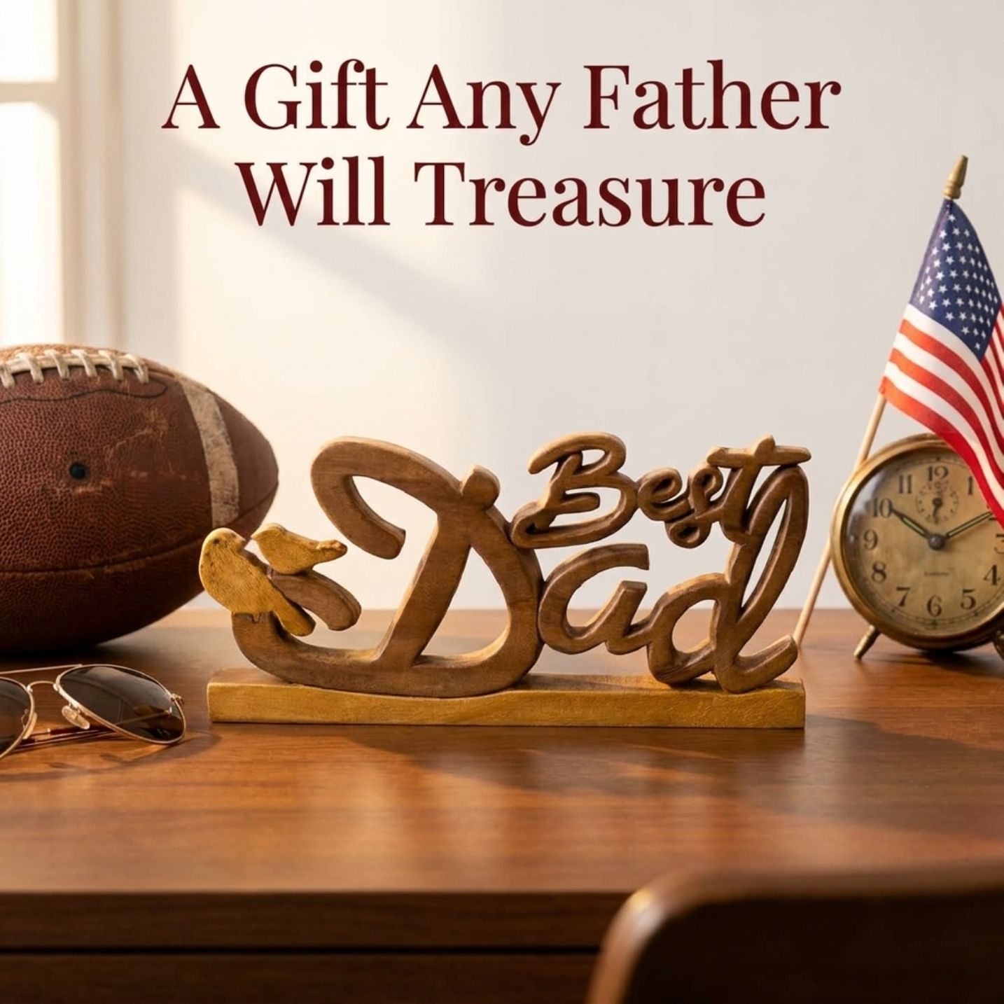 Ellynn Greatest Dad – Hand Carved Wooden Sculpture, Handmade Father’s Day Gift Art