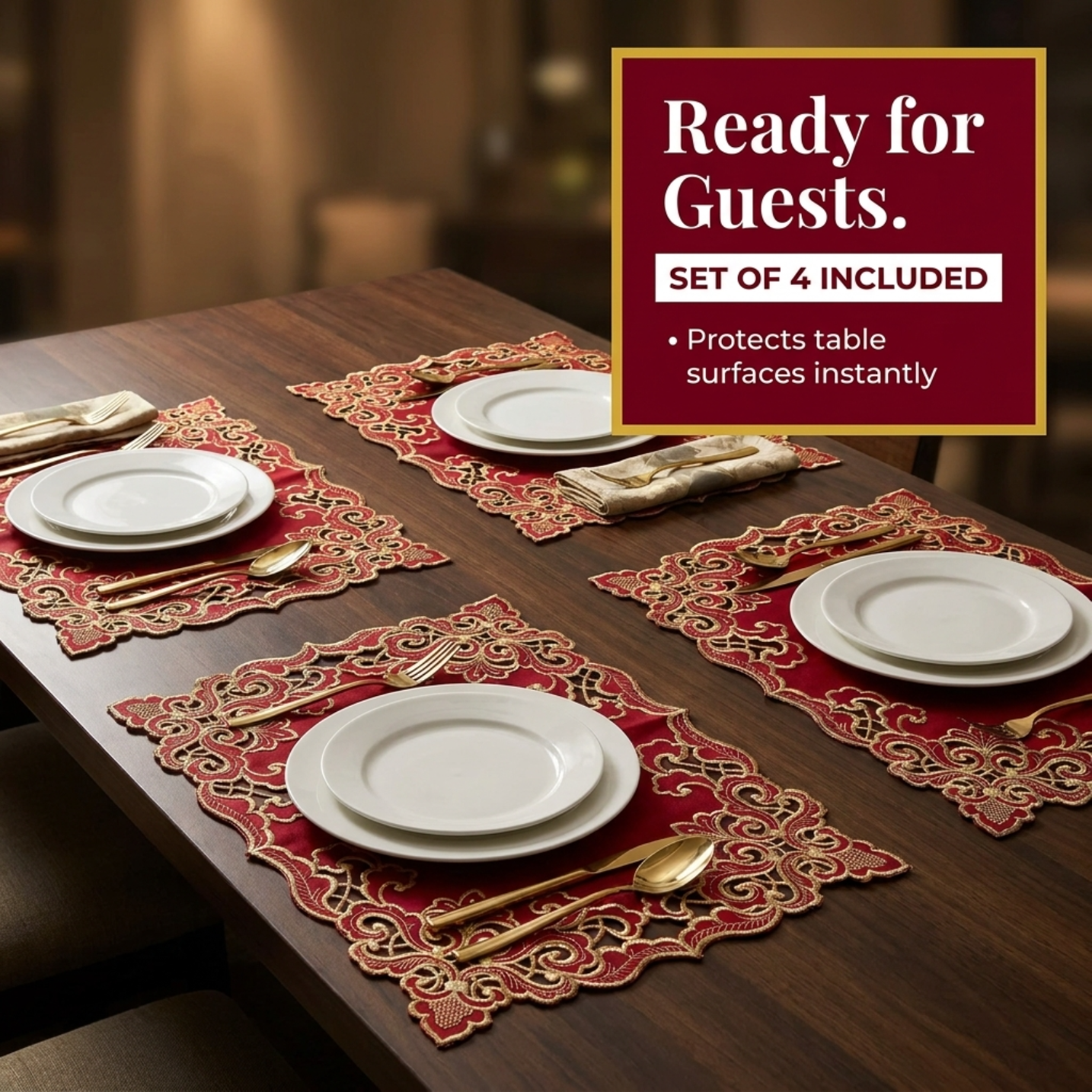 Crimson Glow – Burgundy Gold Table Placemats, Granada Collection Elegant Dining Décor 12*18 inch