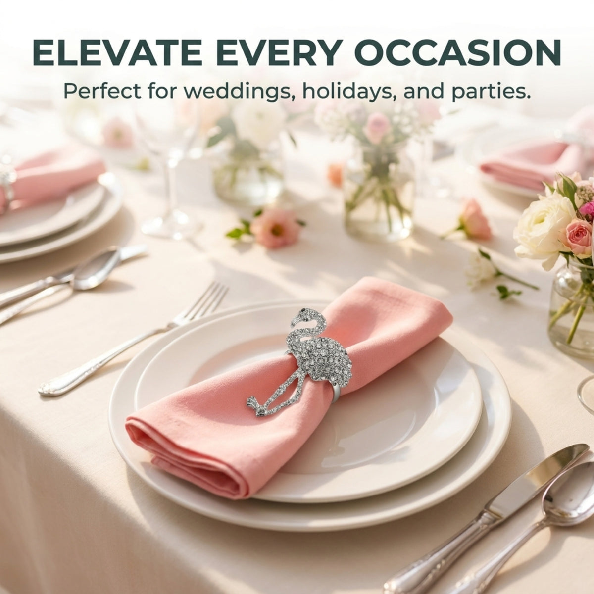 a table setting with a pink napkin ring and place settings, including plates, silverware, and a vase of flowers.