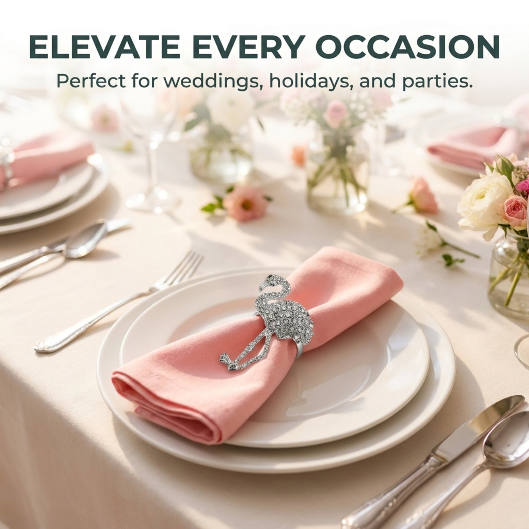 Tropical Charm – Napkin Rings in Silver Flamingo Design, Artistic Decorative Dining Table Accent