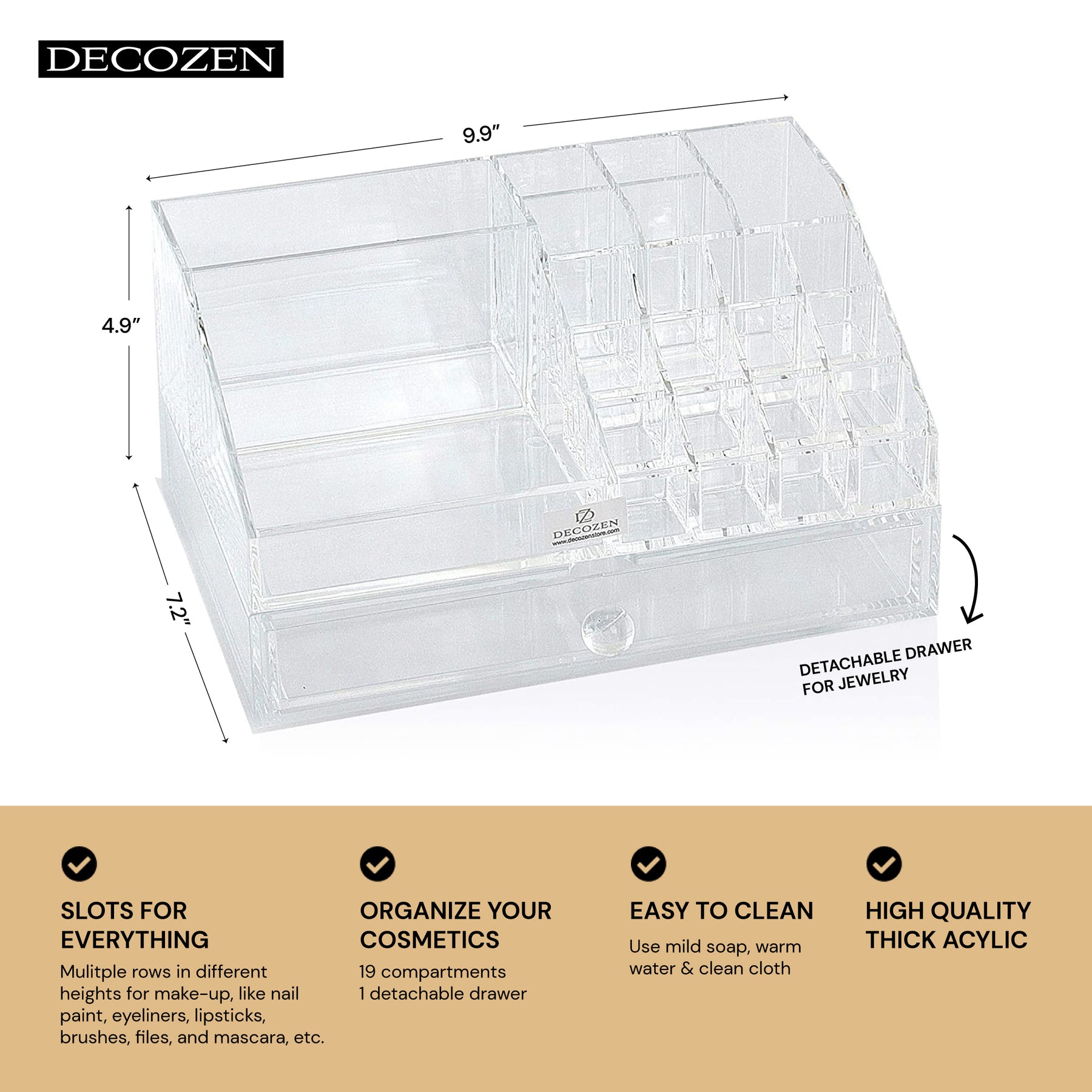 Clear makeup organizer with 19 slots and 1 drawer from F1267, showcasing multiple compartments for cosmetics and beauty tools.
