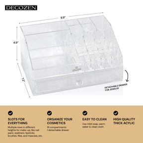 Clear makeup organizer with 19 slots and 1 drawer from F1267, showcasing multiple compartments for cosmetics and beauty tools.