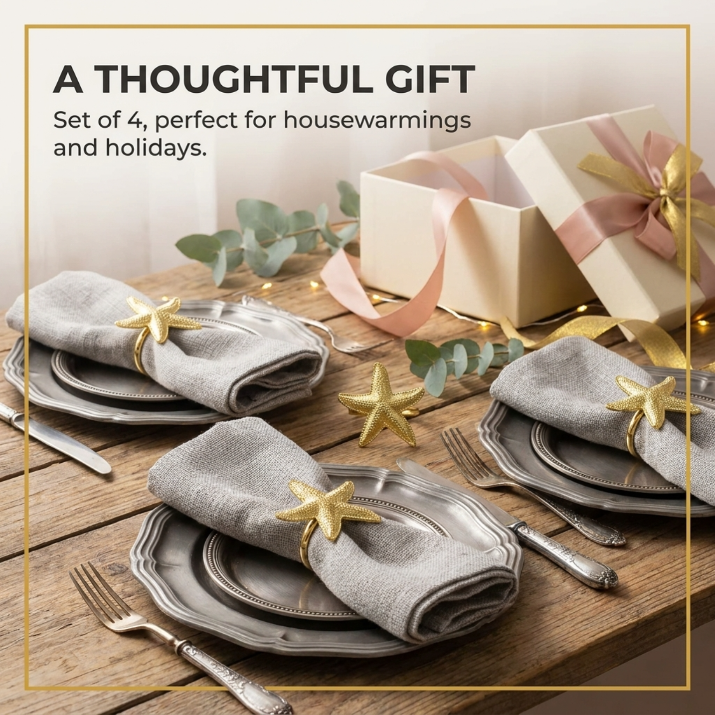 Golden Star – Napkin Rings in Gold Star Fish Design, Elegant Decorative Dining Table Décor