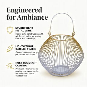 White Gold Candle Holder - Modern Glass Lantern for Indoor Outdoor Decor