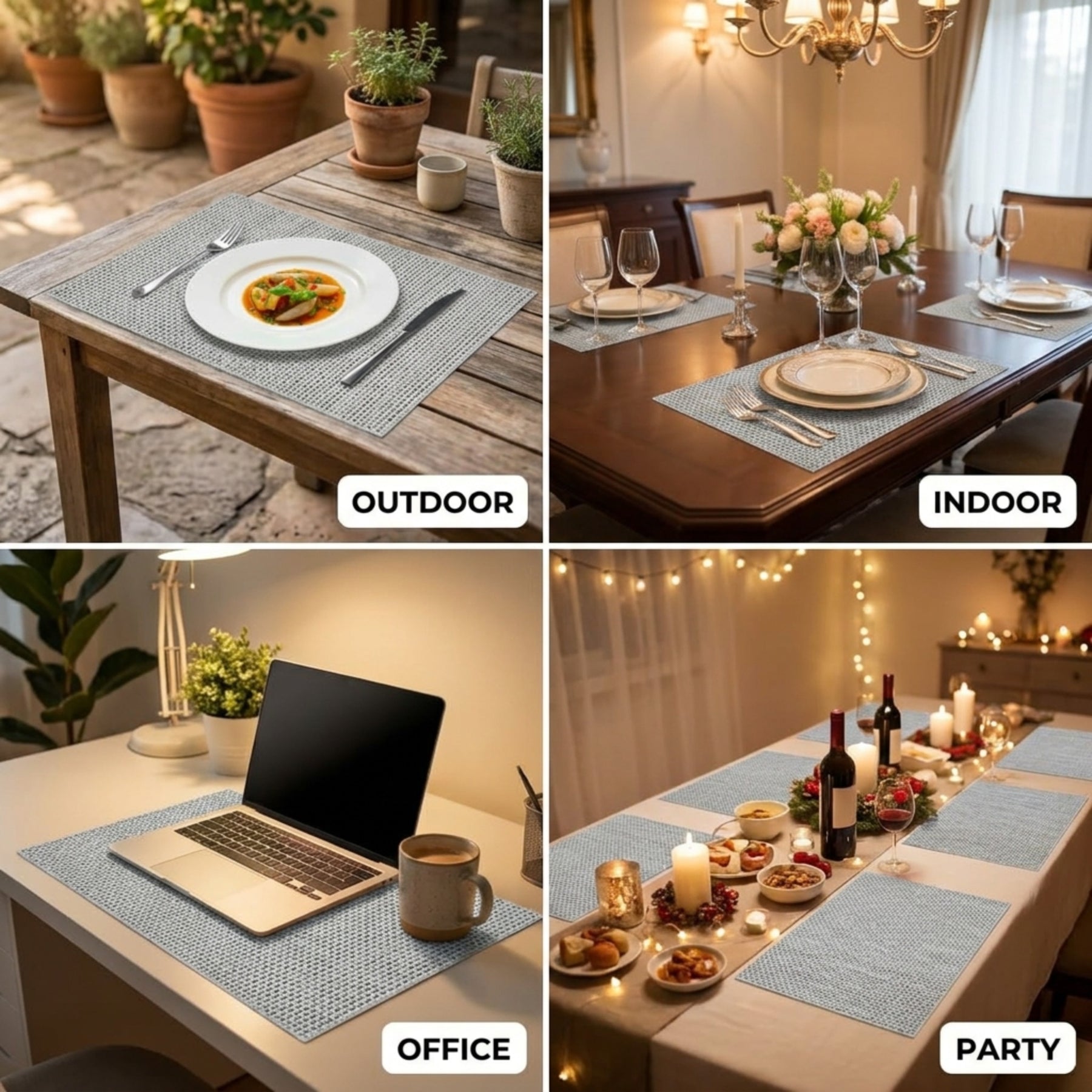 Set of 4 or 6 PVC placemats from 618PVC-1-10-4, showing colorful, durable plastic placemats on a dining table.