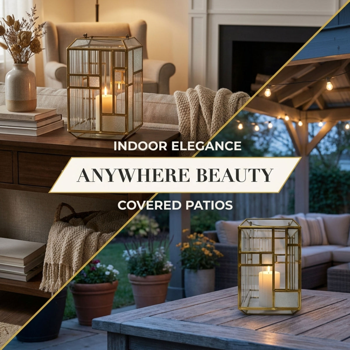 Gold metal frame and glass candle holder lantern, decorative candle lanterns with intricate design and clear glass panels.