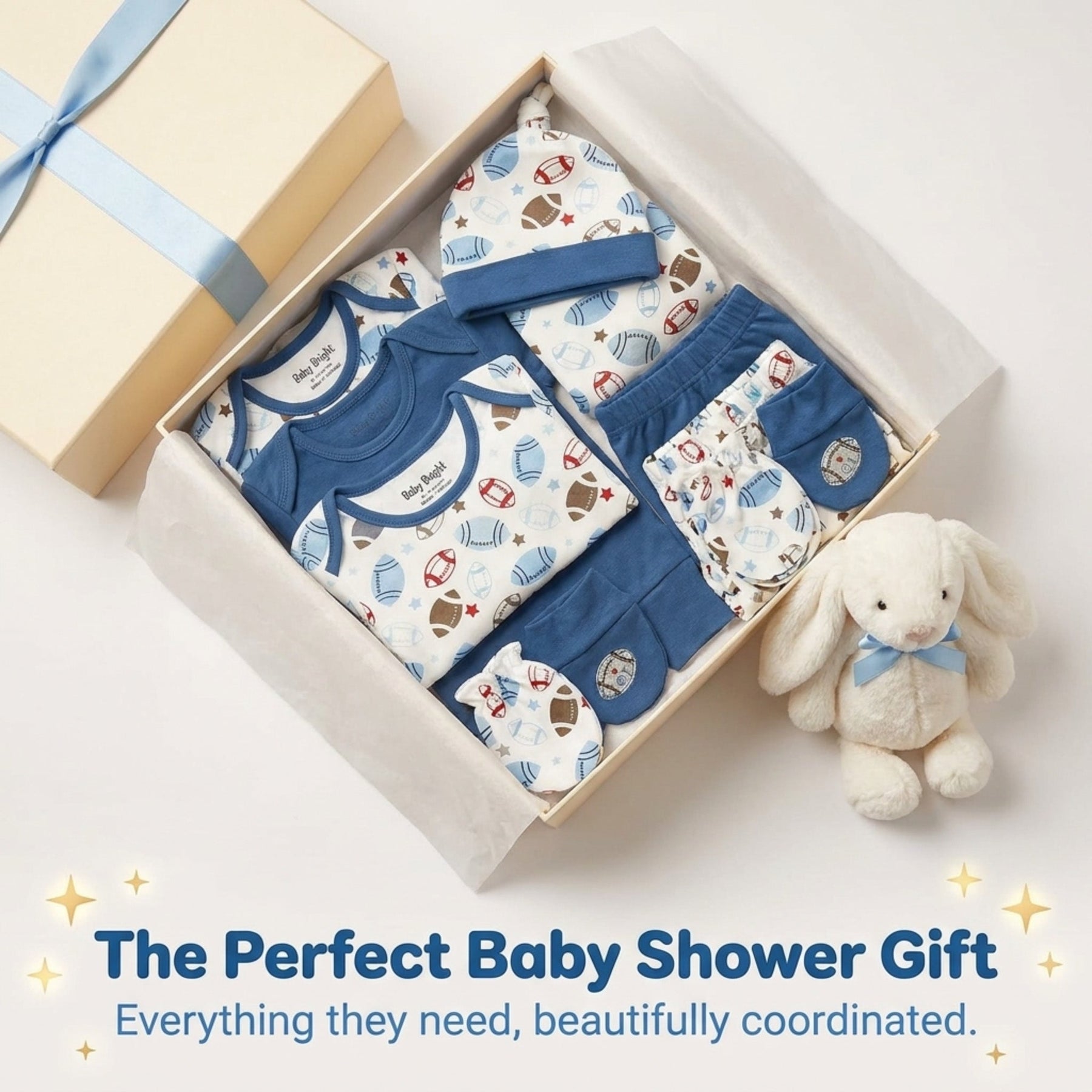 A gift box containing baby clothing and a stuffed animal, accompanied by a caption that reads "The Perfect Baby Shower Gift Everything they need, beautifully coordinated."