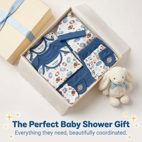 A gift box containing baby clothing and a stuffed animal, accompanied by a caption that reads "The Perfect Baby Shower Gift Everything they need, beautifully coordinated."