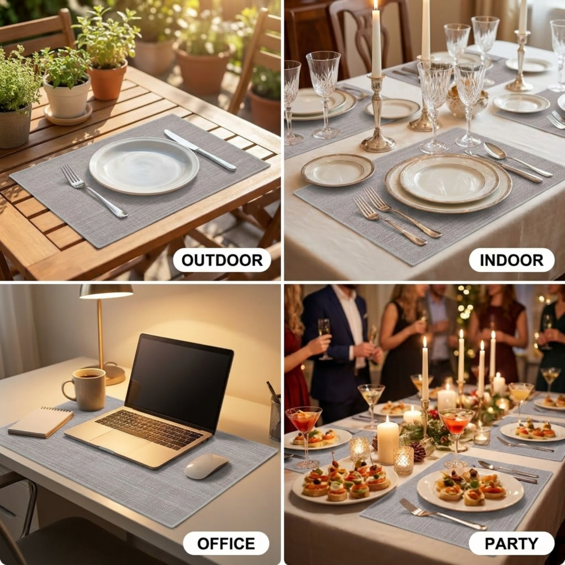 Set of 4 and 6 PVC placemats by 618PVC-1-2-4, showing colorful, durable plastic placemats on a dining table.