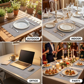 Set of 4 and 6 PVC placemats by 618PVC-1-2-4, showing colorful, durable plastic placemats on a dining table.